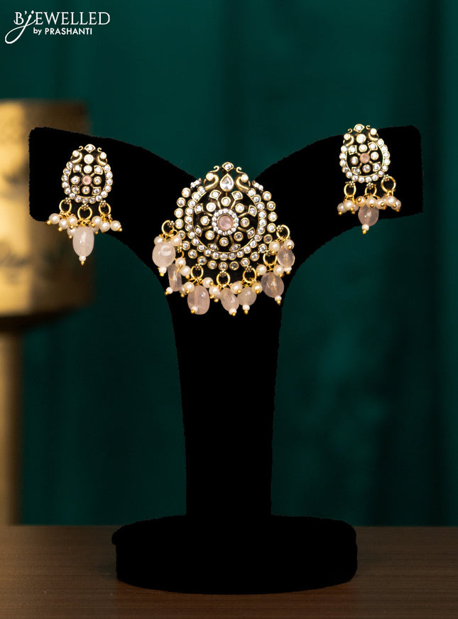 Pendant set with baby pink & cz stones and beads hanging in victorian finish