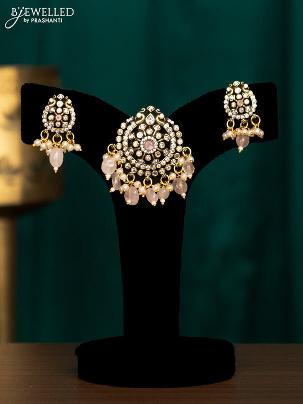 Pendant set with baby pink & cz stones and beads hanging in victorian finish
