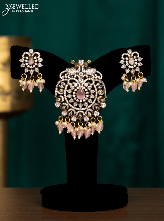 Pendant set with baby pink & cz stones and beads hanging in victorian finish