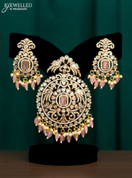 Pendant set with baby pink & cz stones and beads hanging in victorian finish