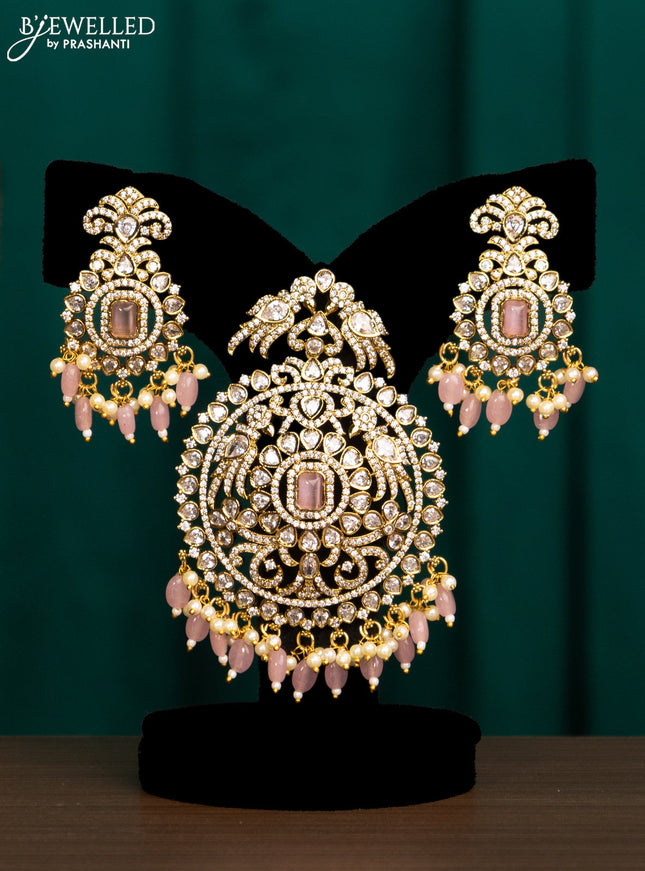 Pendant set with baby pink & cz stones and beads hanging in victorian finish