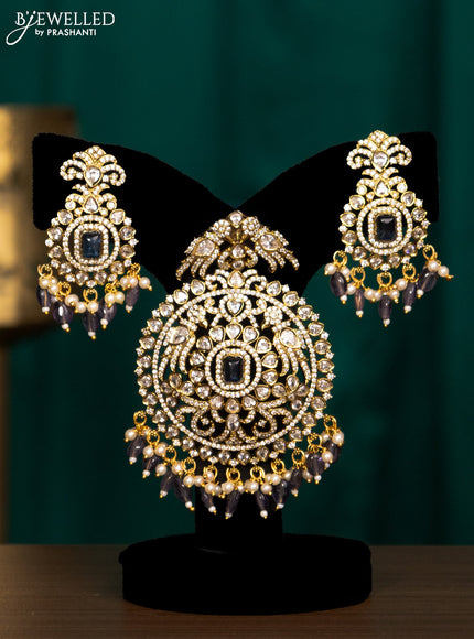 Pendant set with sapphire & cz stones and beads hanging in victorian finish