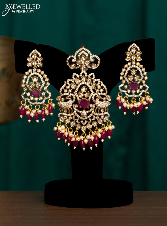 Pendant set with ruby & cz stones and beads hanging in victorian finish