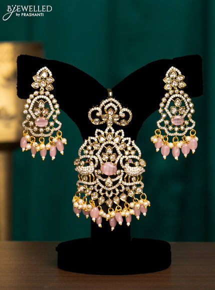 Pendant set with baby pink & cz stones and beads hanging in victorian finish