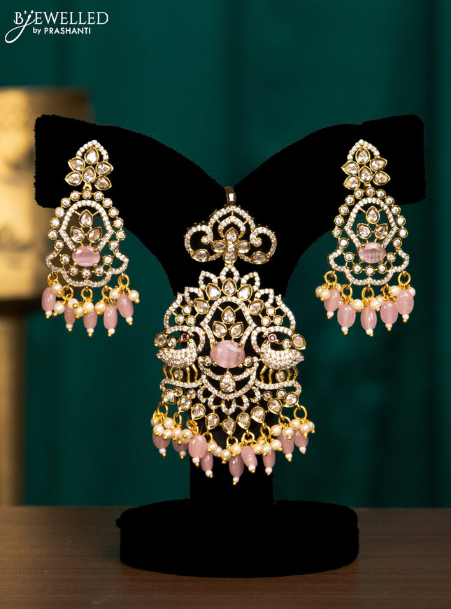 Pendant set with baby pink & cz stones and beads hanging in victorian finish