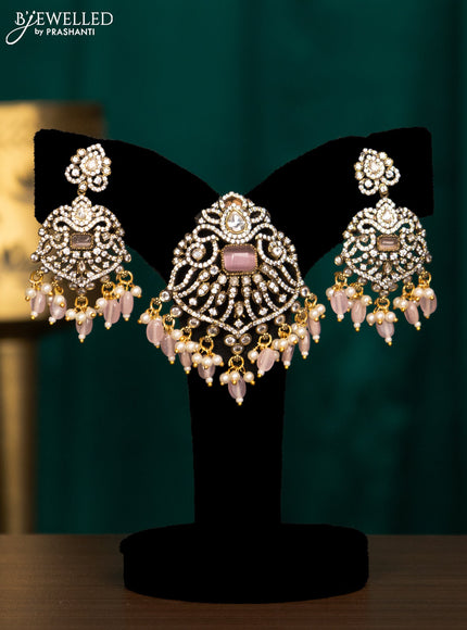 Pendant set with baby pink & cz stones and beads hanging in victorian finish