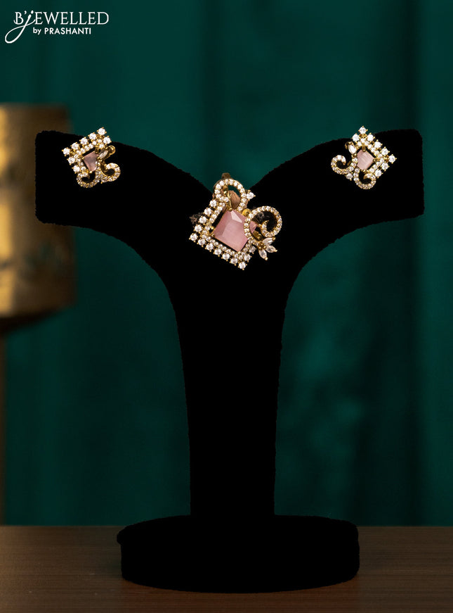 Pendant set with baby pink and cz stones in victorian finish