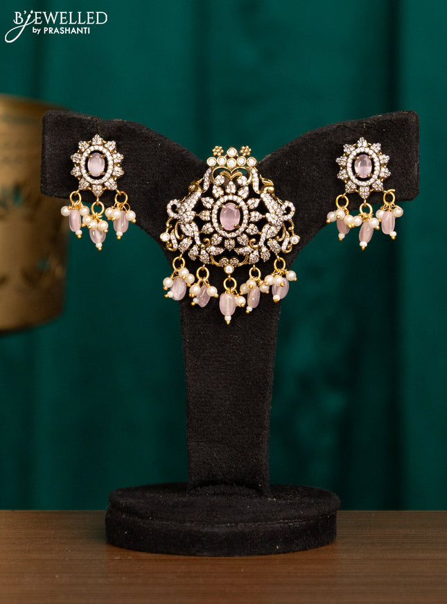 Pendant set with baby pink & cz stones and beads hanging in victorian finish