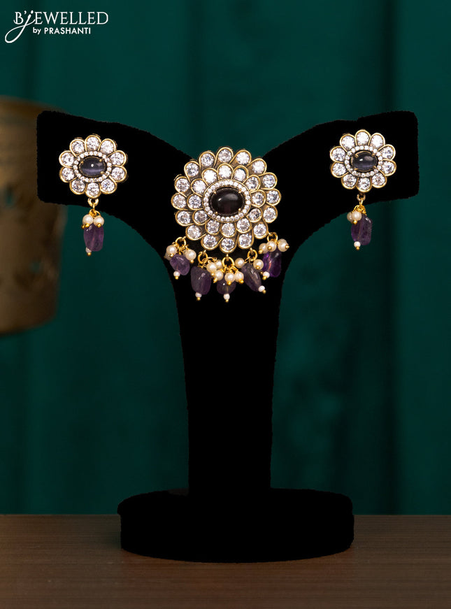 Pendant set with violet & cz stones and beads hanging in victorian finish