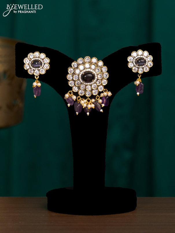 Pendant set with violet & cz stones and beads hanging in victorian finish