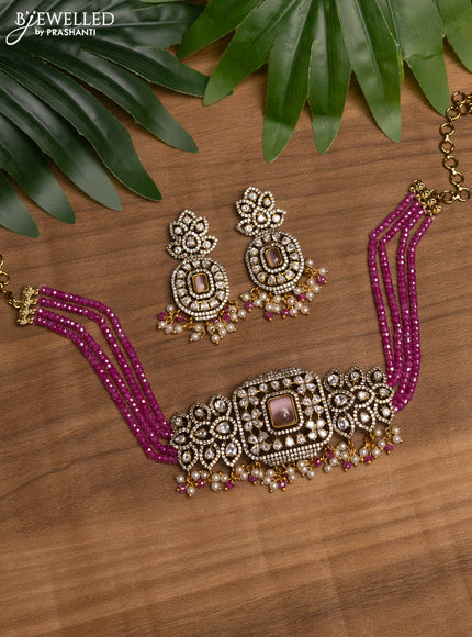 Beaded pink choker with baby pink & kundan stones and beads hanging in victorian finish