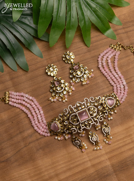 Beaded baby pink choker with baby pink & cz stones and beads hanging in victorian finish