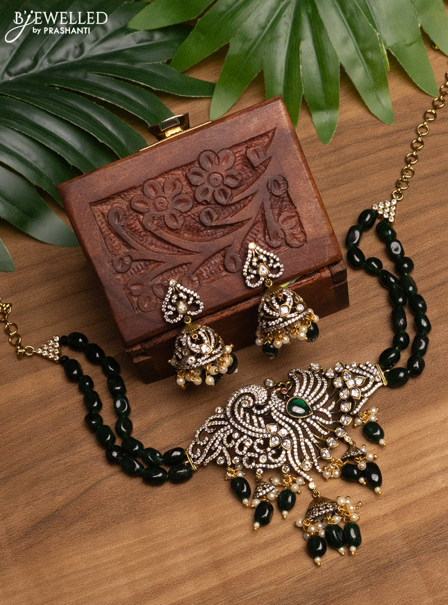 Beaded green choker peacock design with emerald & cz stones and beads hanging in victorian finish