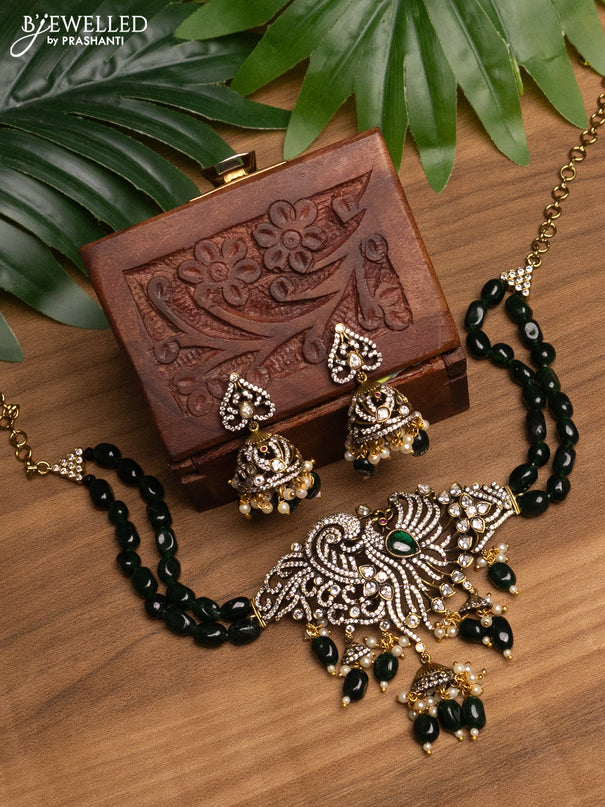 Beaded green choker peacock design with emerald & cz stones and beads hanging in victorian finish
