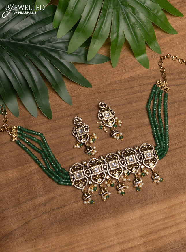 Beaded green choker with kundan & cz stones and beads hanging in victorian finish