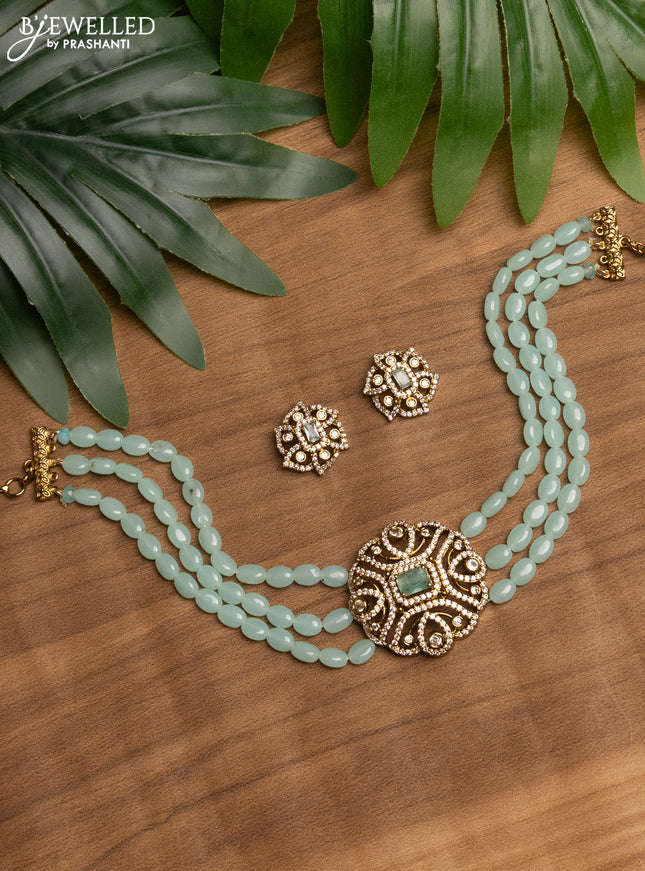 Beaded mint green choker with mint green and cz stones pendant in victorian finish
