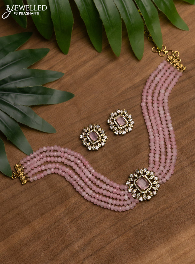 Beaded baby pink choker with baby pink and cz stones pendant in victorian finish