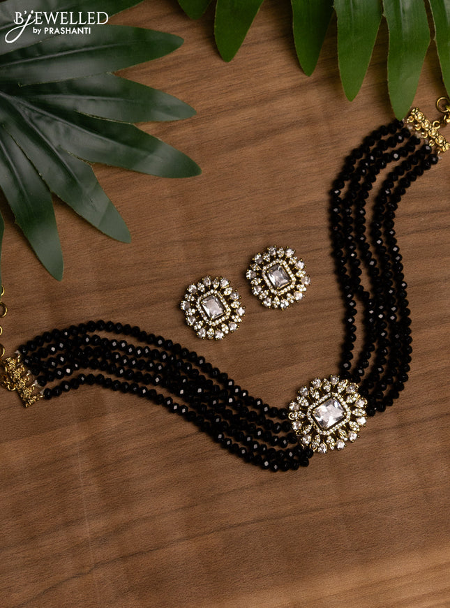 Beaded black choker with cz stones pendant in victorian finish