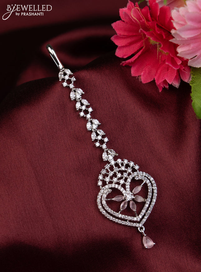 Zircon maang tikka with baby pink & cz stones and hanging