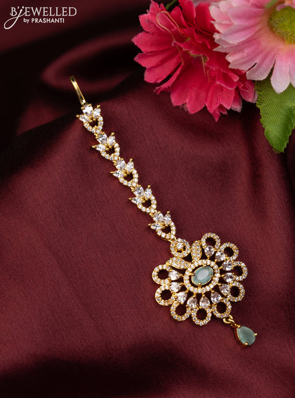 Zircon maang tikka with mint green & cz stones and hanging