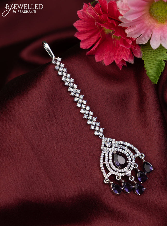 Zircon maang tikka with violet & cz stones and hanging