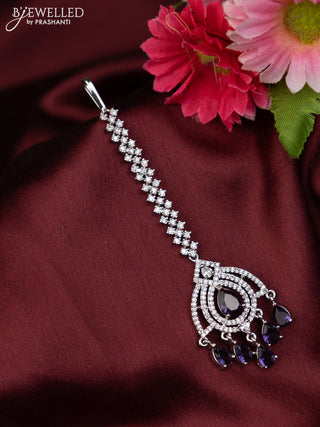 Zircon maang tikka with violet & cz stones and hanging