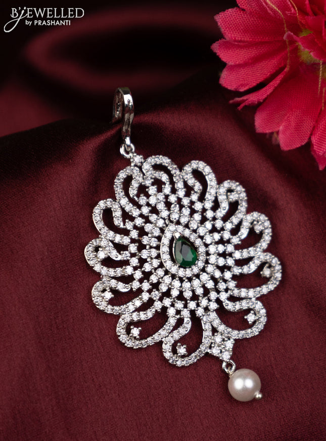 Zircon maang tikka with emerald & cz stones and pearl hanging