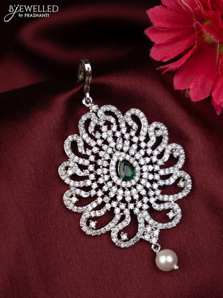 Zircon maang tikka with emerald & cz stones and pearl hanging