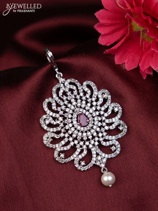 Zircon maang tikka with ruby & cz stones and pearl hanging