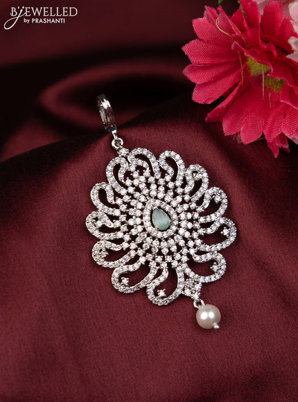 Zircon maang tikka with mint green & cz stones and pearl hanging