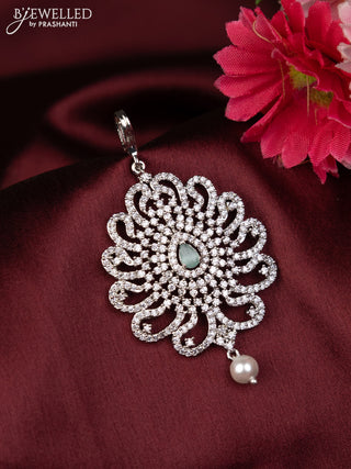 Zircon maang tikka with mint green & cz stones and pearl hanging