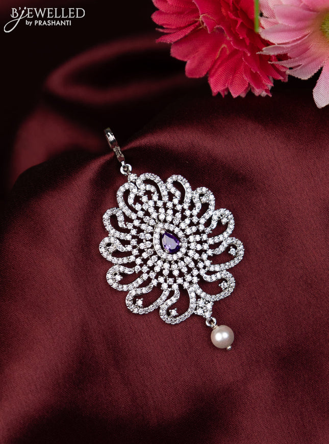 Zircon maang tikka with violet & cz stones and pearl hanging
