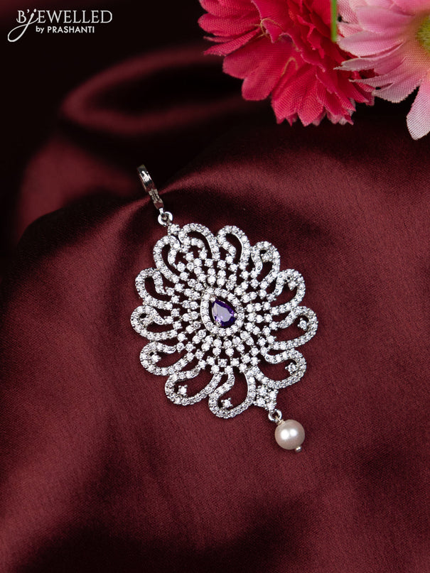 Zircon maang tikka with violet & cz stones and pearl hanging