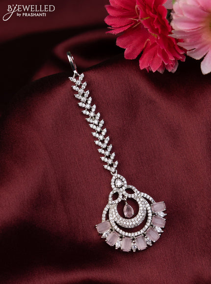 Zircon maang tikka with baby pink and cz stones