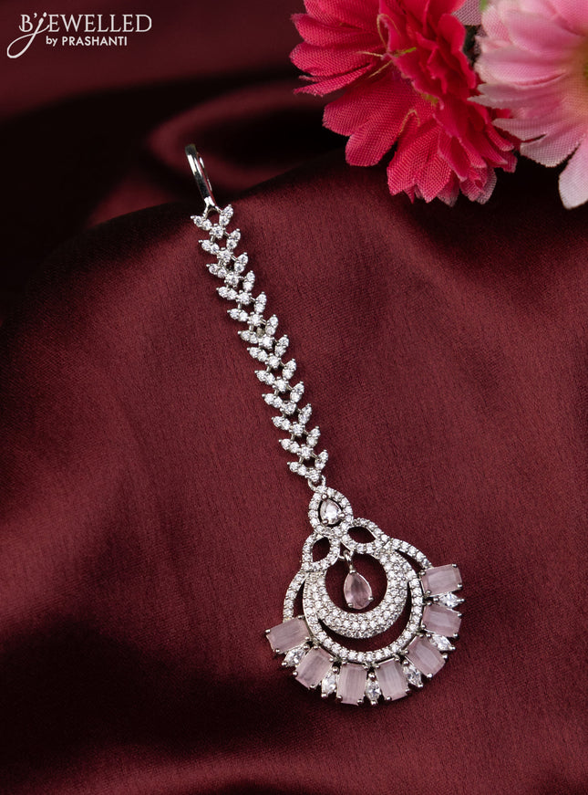 Zircon maang tikka with baby pink and cz stones