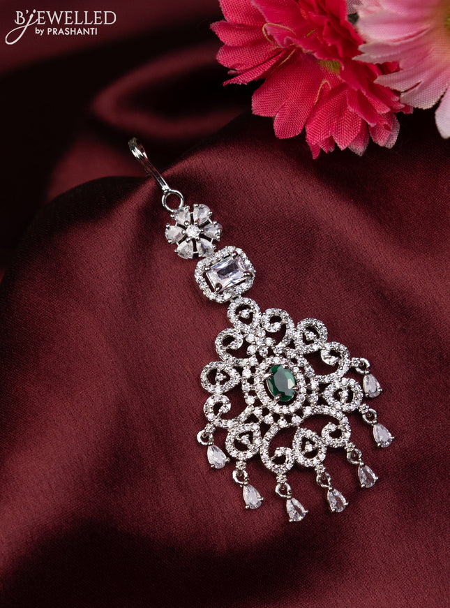 Zircon maang tikka with emerald & cz stones and hangings