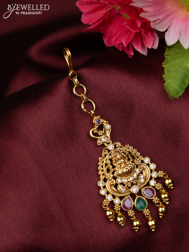 Antique maang tikka lakshmi design with kemp & cz stones and golden beads hanging