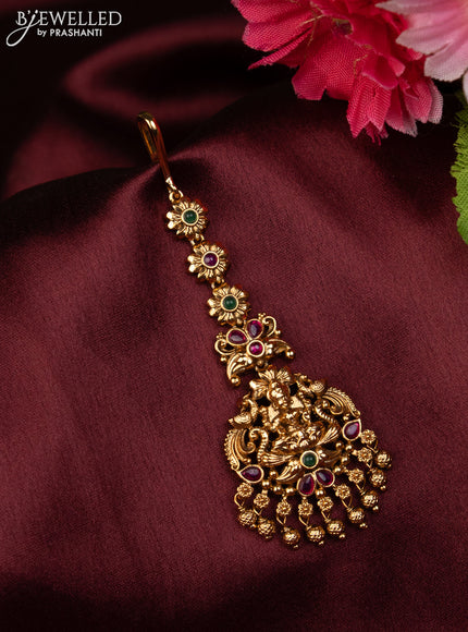 Antique maang tikka lakshmi design with kemp stones and golden beads hanging