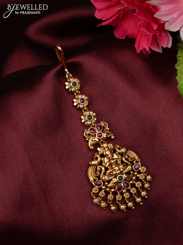Antique maang tikka lakshmi design with kemp stones and golden beads hanging