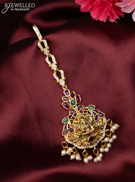 Antique maang tikka lakshmi design with kemp & cz stones and pearl hangings