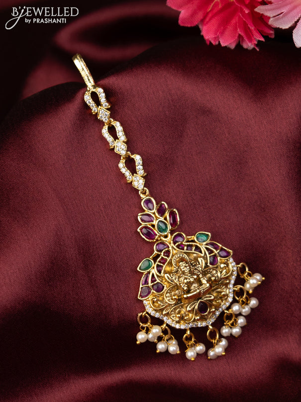 Antique maang tikka lakshmi design with kemp & cz stones and pearl hangings