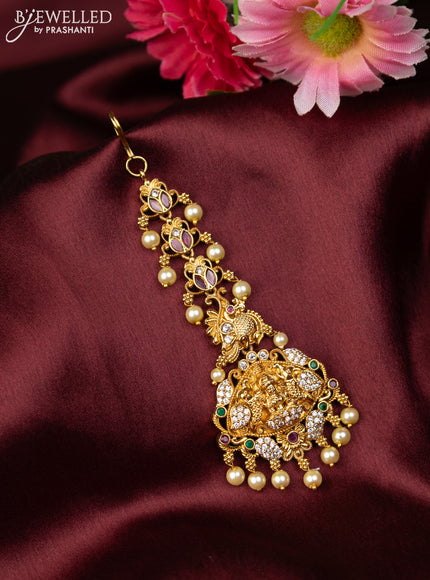 Antique maang tikka lakshmi design with kemp & cz stones and pearl hangings