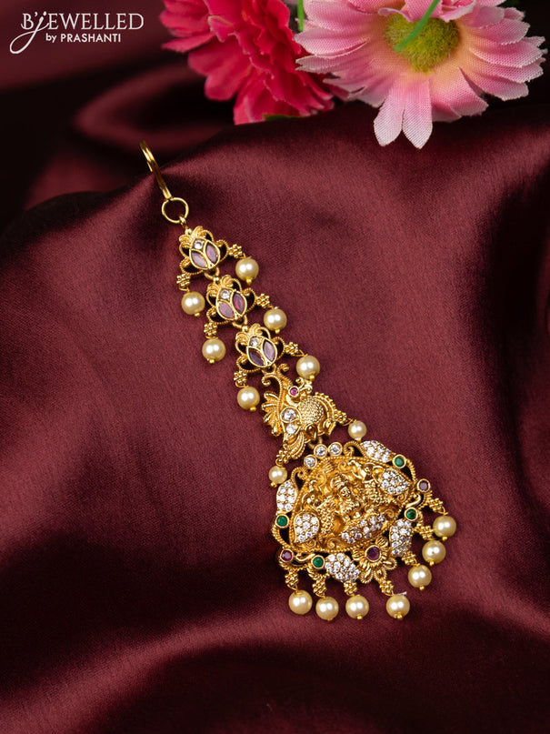 Antique maang tikka lakshmi design with kemp & cz stones and pearl hangings