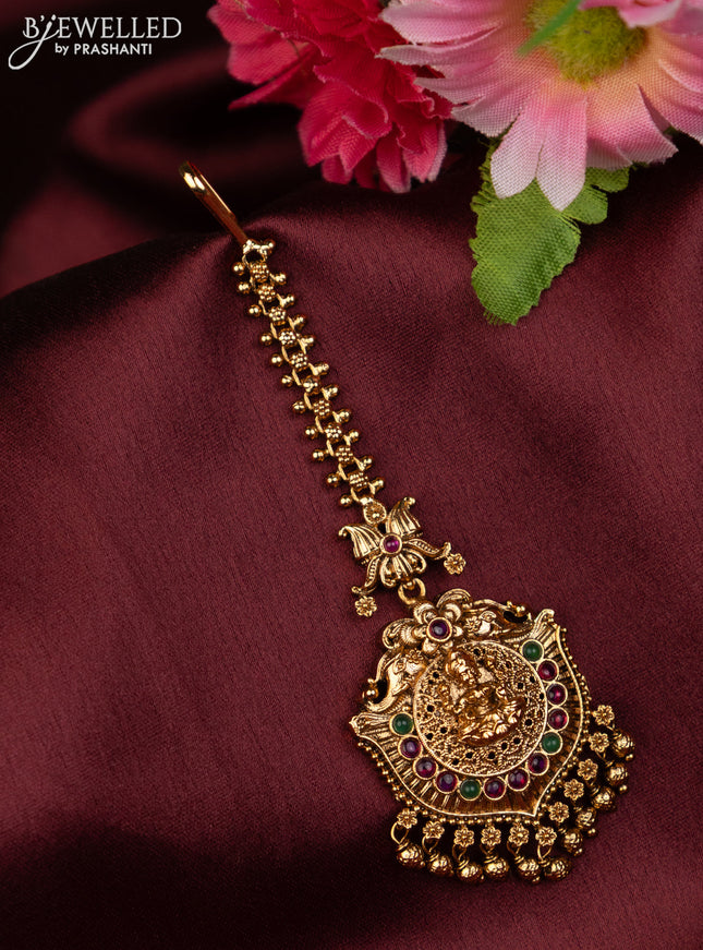 Antique maang tikka lakshmi design with kemp stones and golden beads hanging