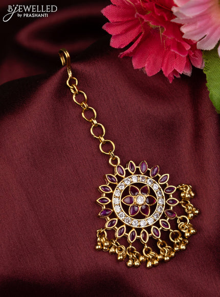 Antique maang tikka with pink kemp & cz stones and golden beads hanging