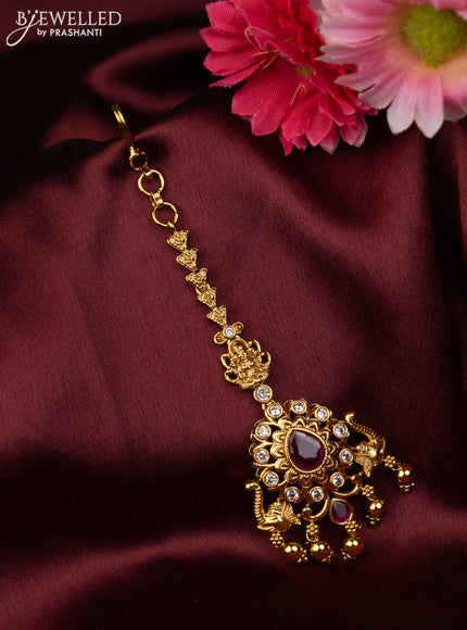 Antique maang tikka with pink kemp & cz stones and golden beads hanging