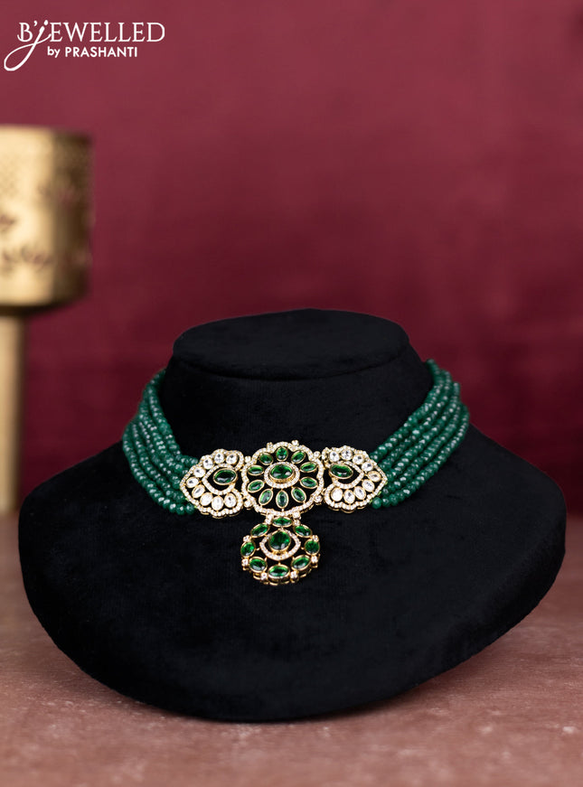 Beaded green choker with emerald and cz stones pendant