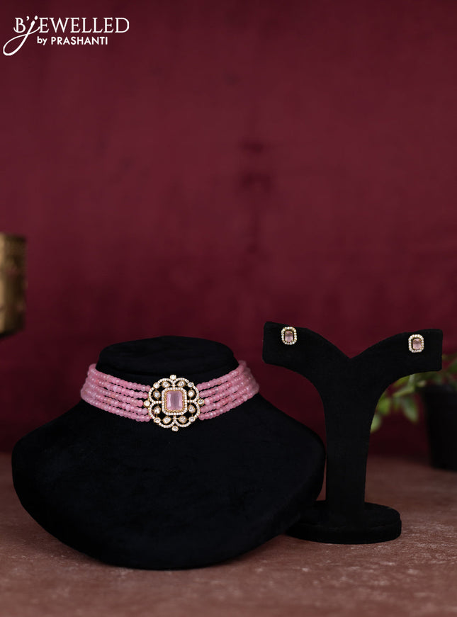 Beaded baby pink choker with cz stones pendant