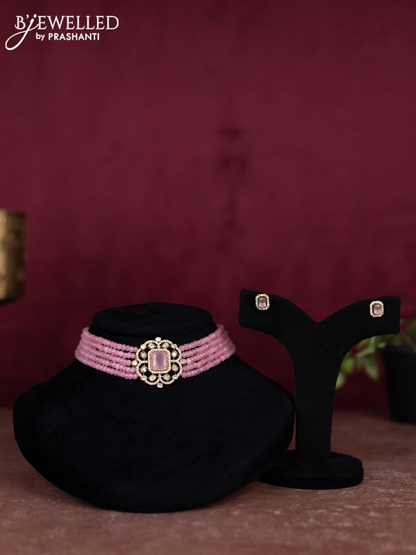 Beaded baby pink choker with cz stones pendant