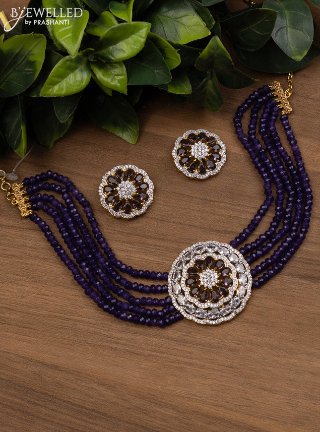 Beaded violet choker with cz stones pendant